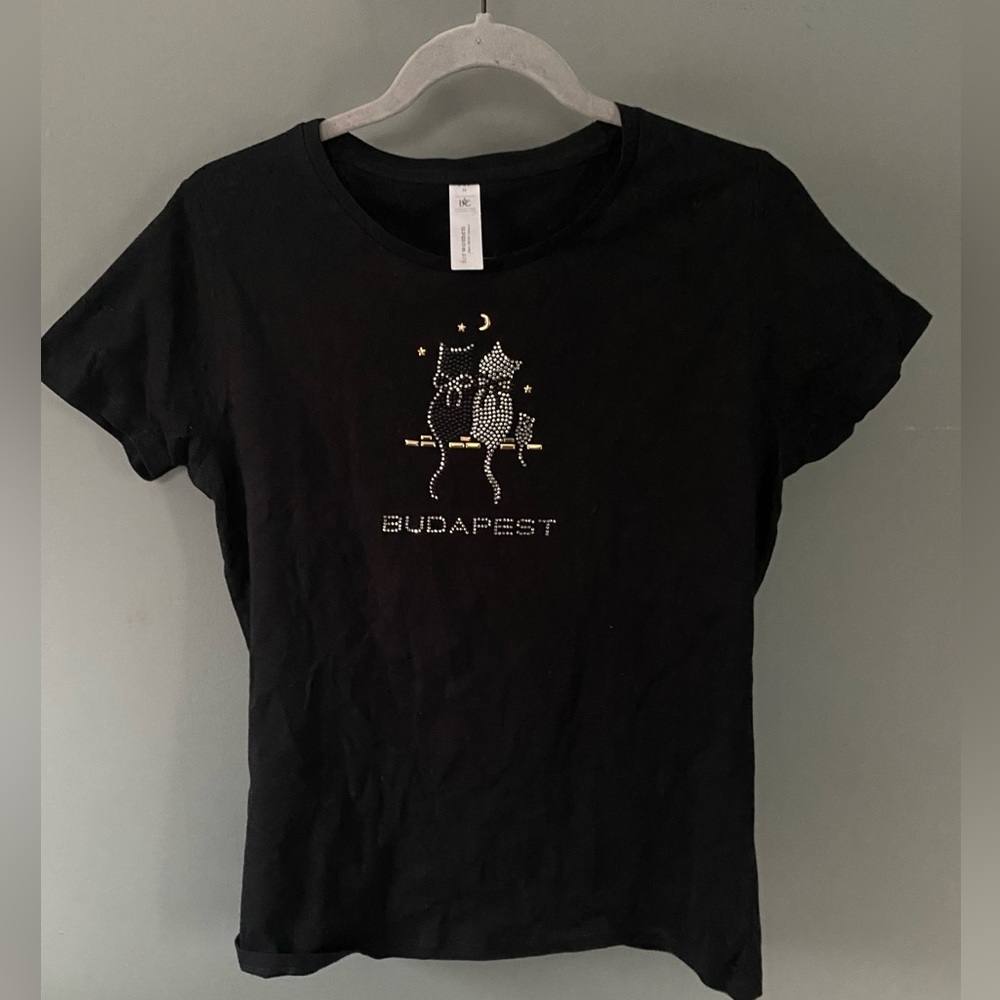 Y2K Blingy Cats Gold and Silver Studded Black Tee Top